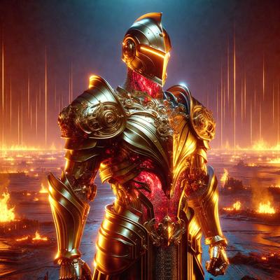 The primary subject of the image is a character wearing a gold and red suit, standing in a dark and dramatic environment. The setting appears to be a futuristic or fantasy world, with the character standing in front of a backdrop of fire and flames. The visual style of the image is digital art, with the character being depicted in a detailed and intricate manner. The colors and mood of the image are dark and intense, with the gold and red suit of the character contrasting against the black and orange background of the fire and flames.